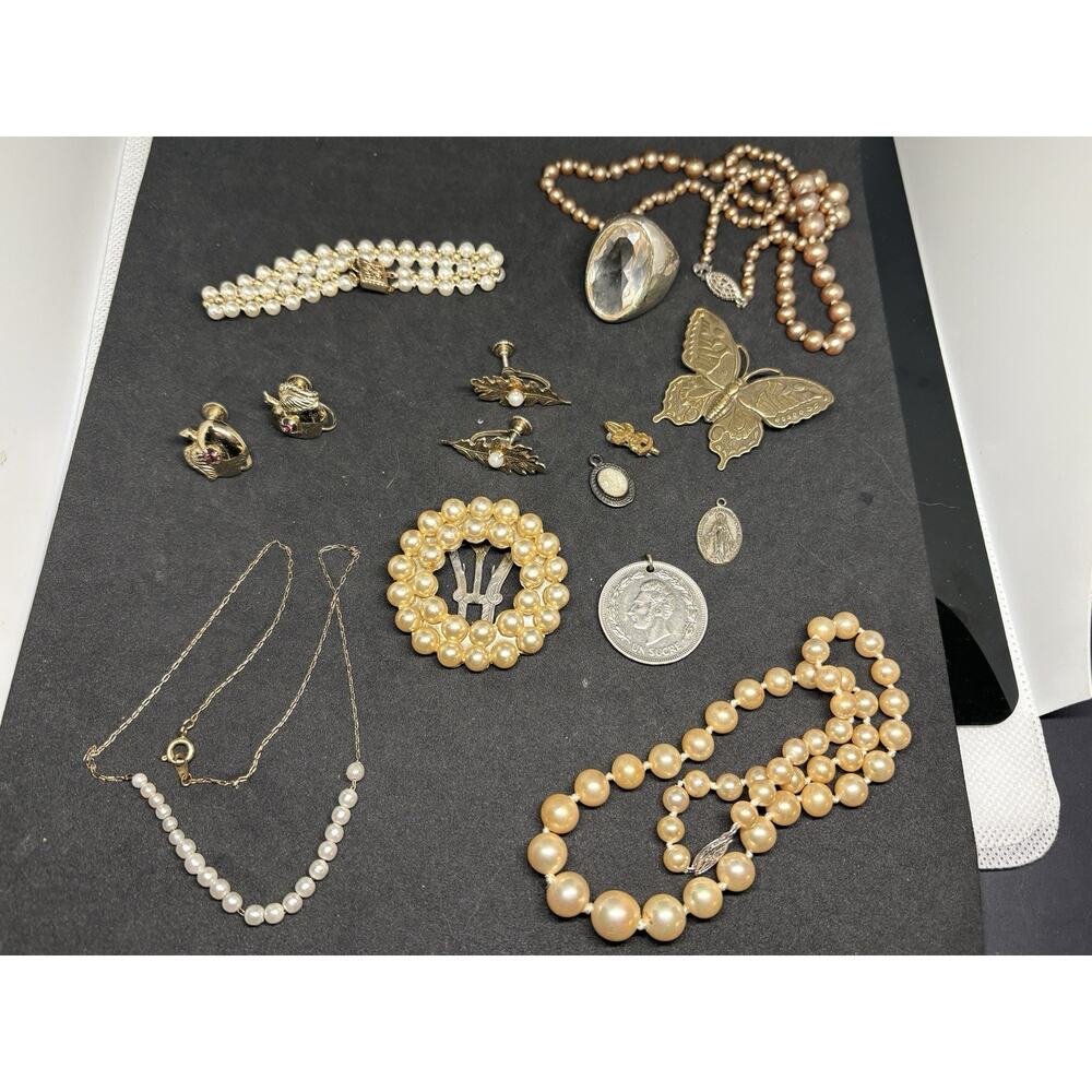 Vintage Victorian Revival Coro Faux Pearl Necklace Ring Charm Clip Jewelry Lot - Picture 2 of 7